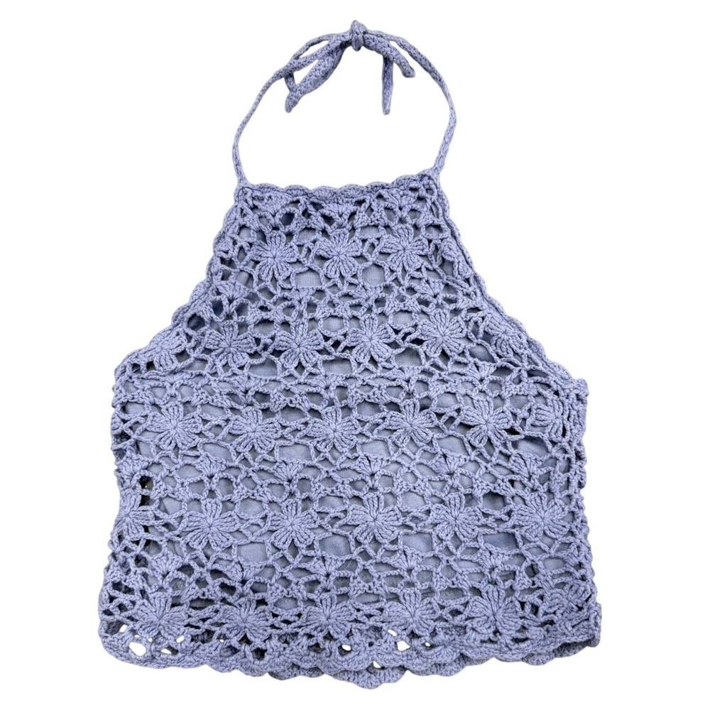 Full Tilt Blue Floral Crochet Halter Top Periwinkle Boho Festival‎ Summer Small